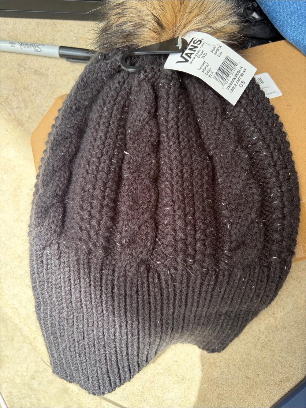 Vans Black Knit Beanie with Fur Pom